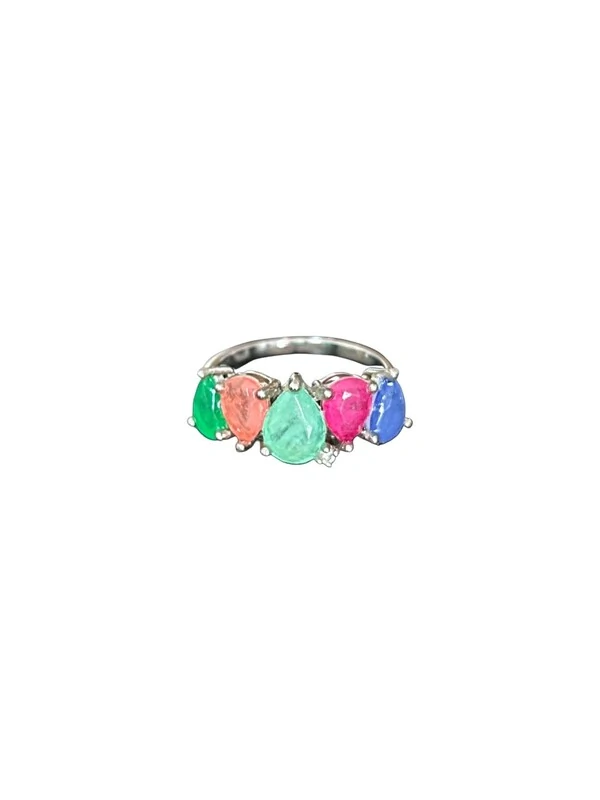 Anel meia aliança Gota colors Verde e Roxo Prata 925 Ródio