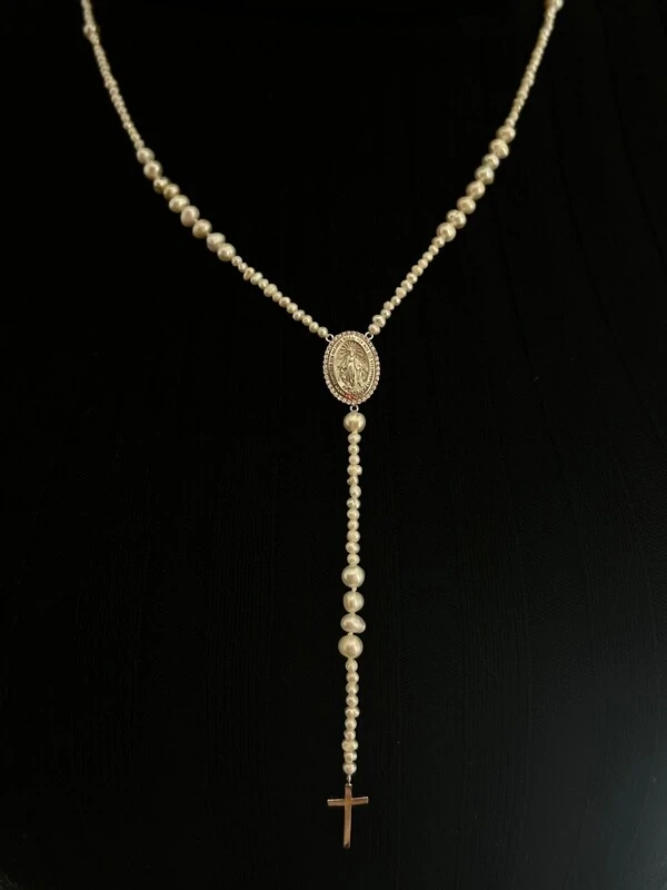 Colar Terço Pérola Nossa Senhora Prata 925 Ródio