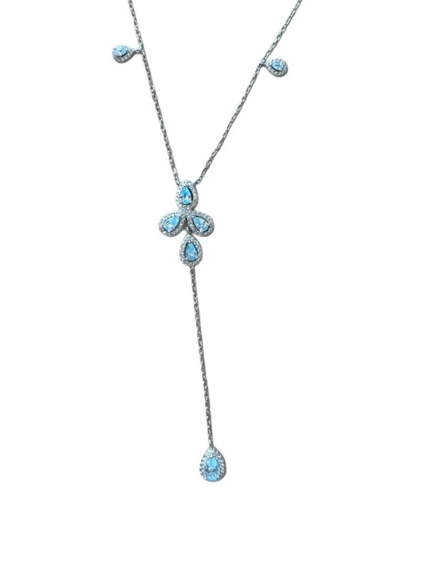 Colar gravata pedras penduradas topázio azul Prata 925 Ródio