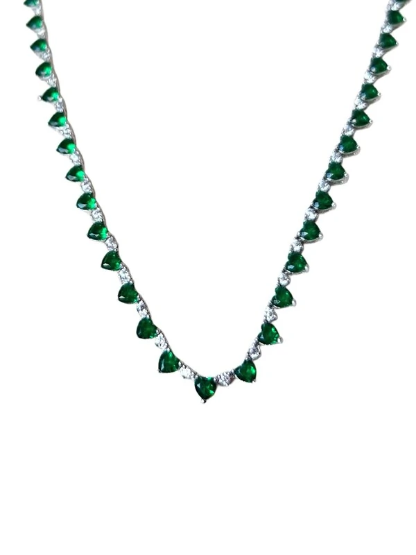 Colar Riviera Coração esmeralda e zircônia 42 cm 3mm Prata 925 Ródio