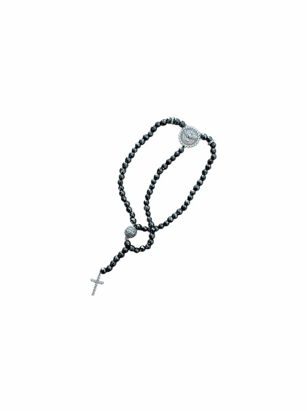 Pulseira Terço Espírito Santo Hematita fecho imã Prata 925 Ródio