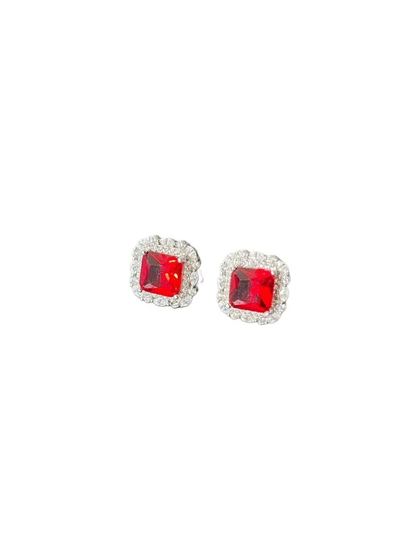 Brinco Quadrado Rubi Zircônia Prata 925 Ródio