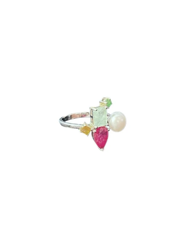 Anel Quadrado Esmeralda Rubi Pérola Fusion Colors Prata 925 Ródio