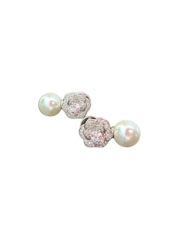 Brinco Pérola Flor Zircônia Prata 925 Ródio