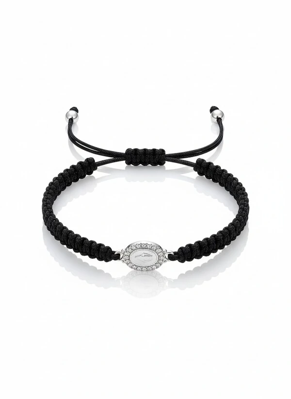 Pulseira Nossa Senhora macramê preta Prata 925 Ródio