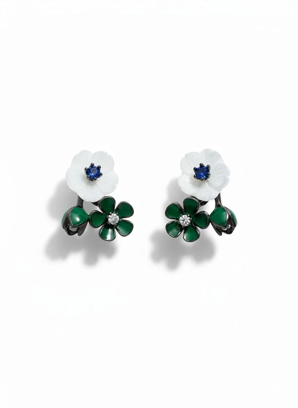 Brinco Flor resina madre pérola Prata 925 Ródio Negro