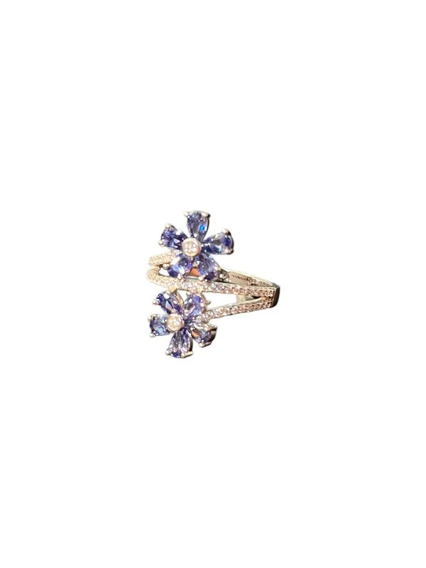 Anel 2 flores zircônia tanzanita Prata 925 Ródio