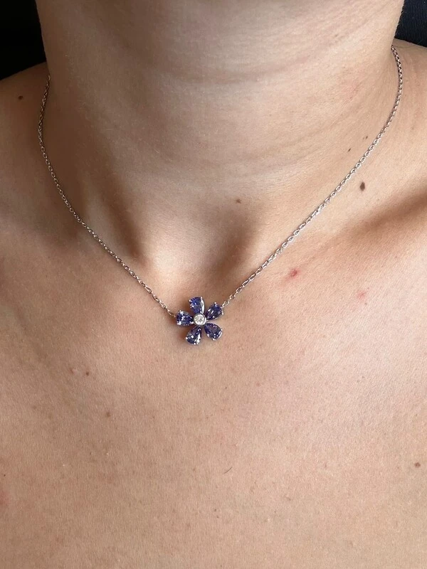 Colar 1 flor zircônia Tanzanita Prata 925 Ródio