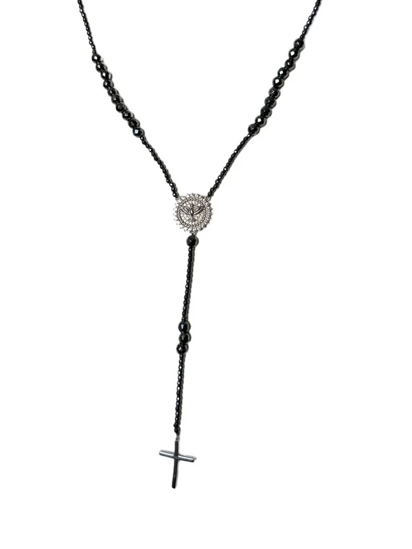 Colar Terço Hematita Espirito Santo Zircônia Prata 925 Ródio