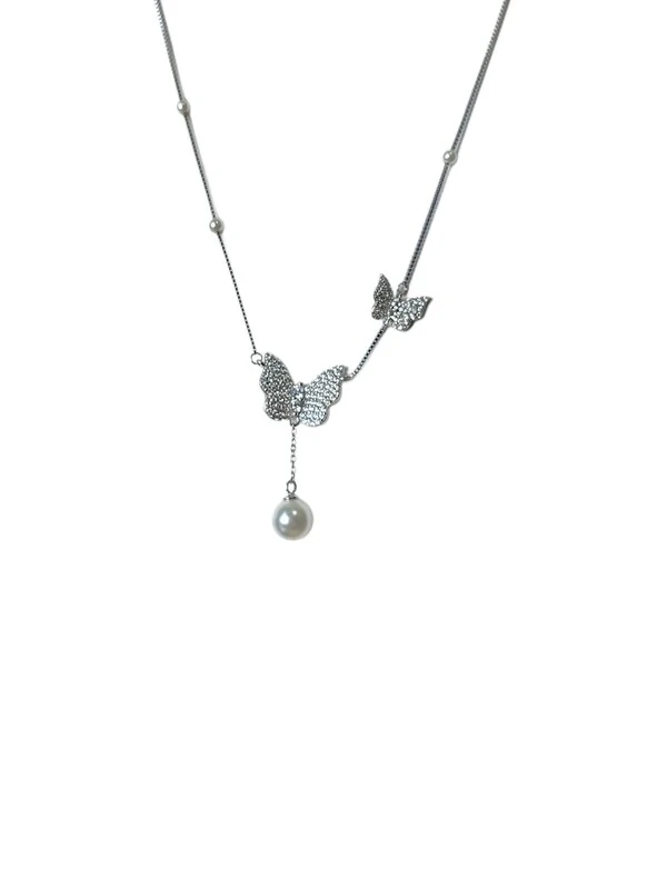 Colar Borboleta Zircônia Pérola Prata 925 Ródio
