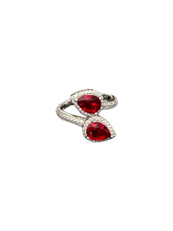 Anel Torcido Gota Rubi Prata 925 Ródio