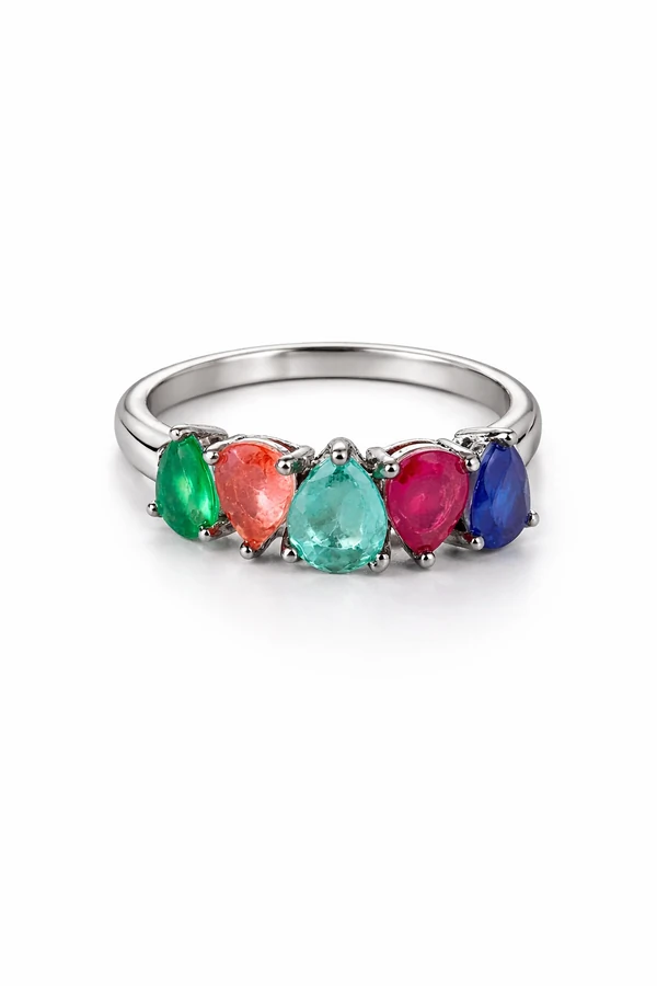 Anel meia aliança Gota colors Verde e Roxo Prata 925 Ródio