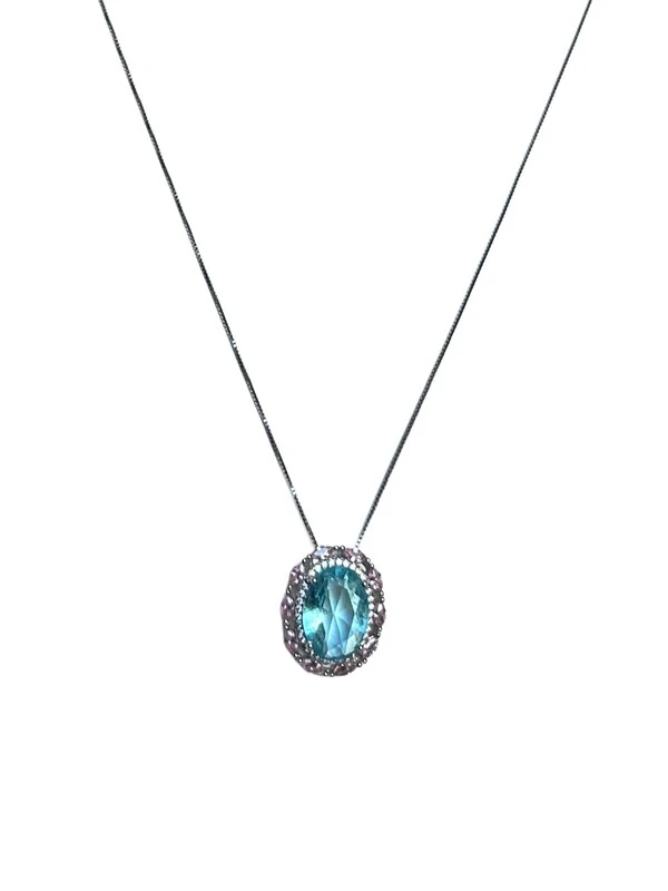 Colar Oval Topázio Rosa E Azul Zircônia Prata 925 Ródio