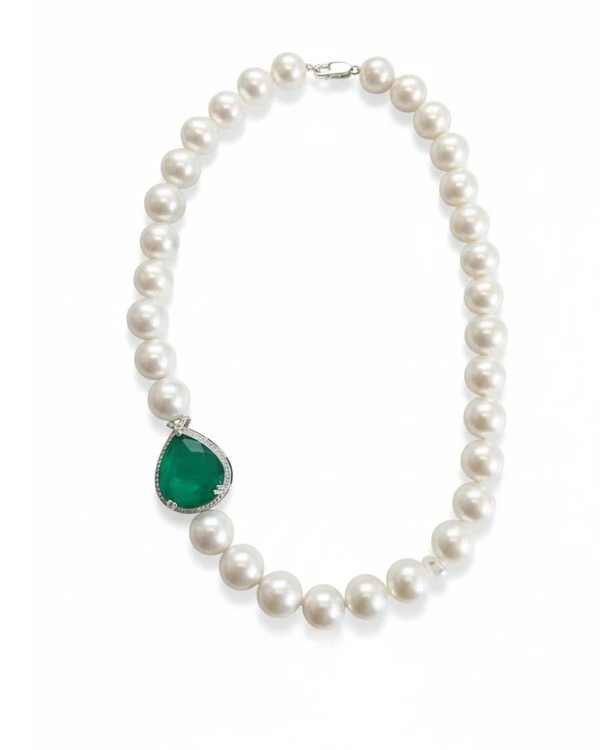 Colar Pérola Gota fusion esmeralda zircônia prata 925 Ródio