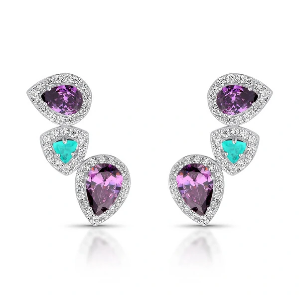 Brinco Ear Cuff três gotas ametista turmalina zircônia Prata 925 Ródio