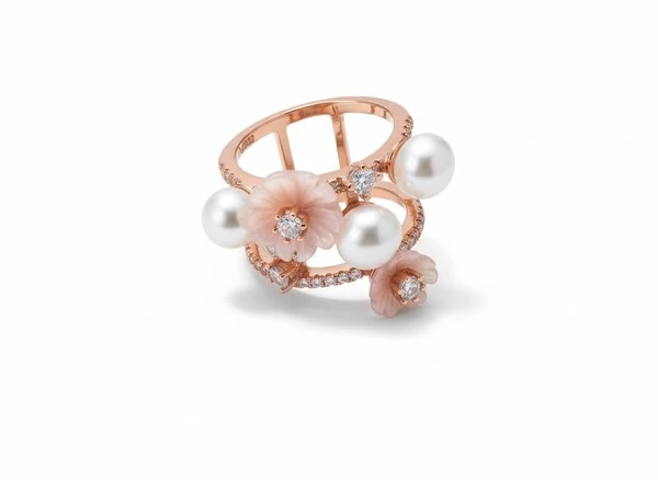 Anel 2 fileiras pérola e madre pérola Prata 925 Ouro Rose
