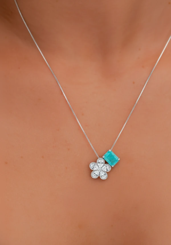 Colar EscapulárioTurmalina light fusion flor zircônia Prata 925 Ródio