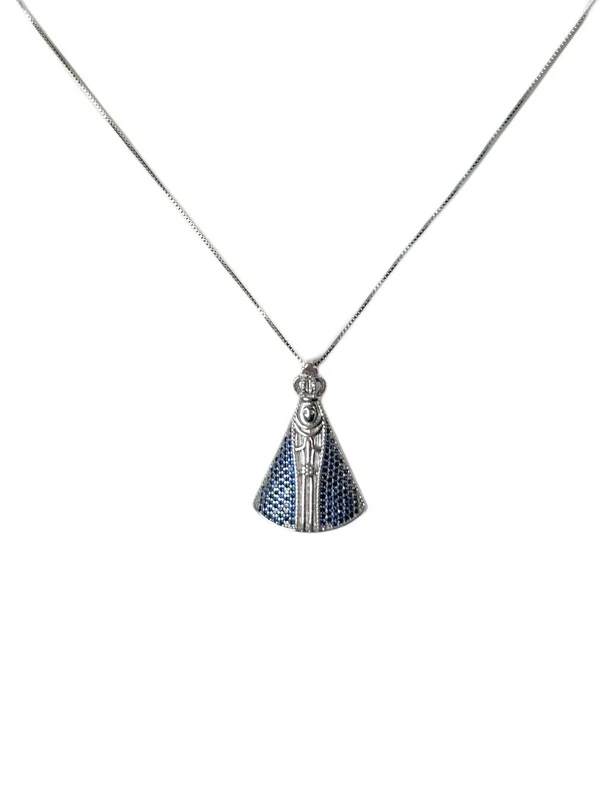 Colar Nossa Senhora Manto safira azul Prata 925 Ródio