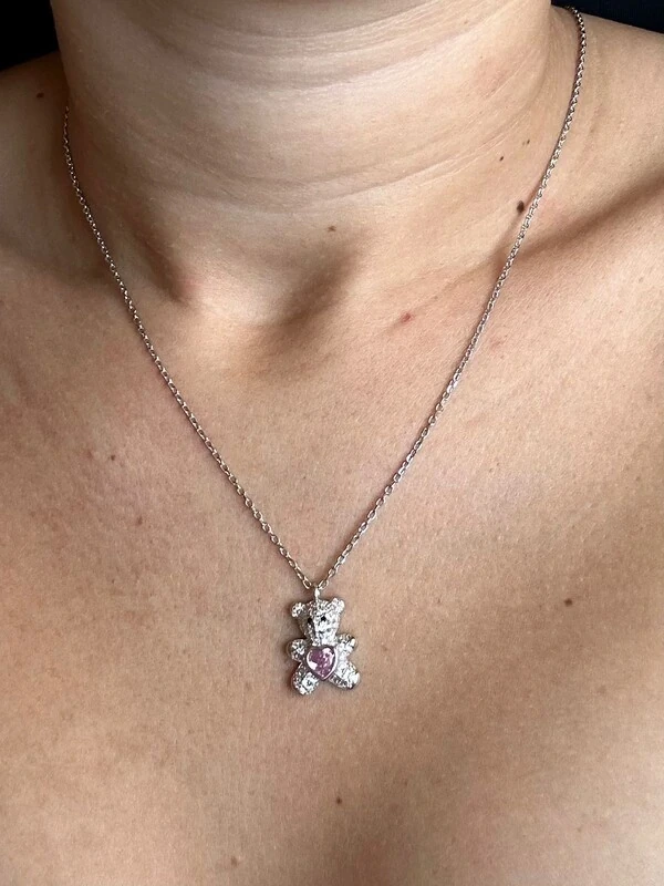 Colar Urso Topázio Rosa Prata 925 Ródio