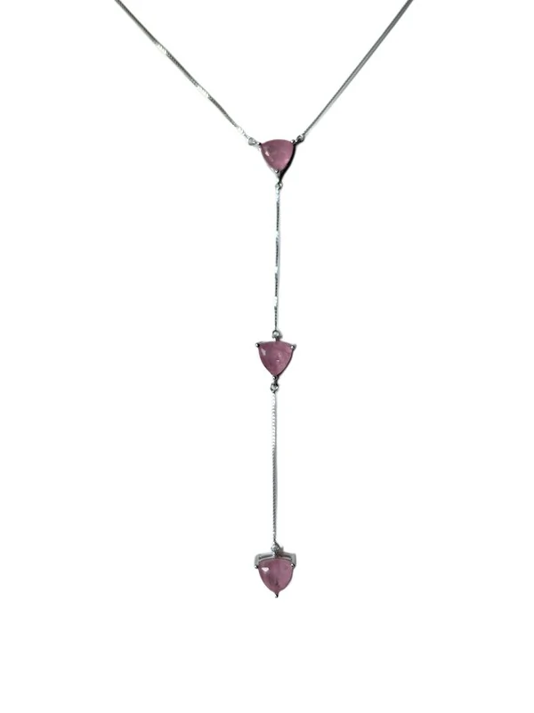 Colar Gravata 3 pedras quartzo rosa Prata 925 Ródio