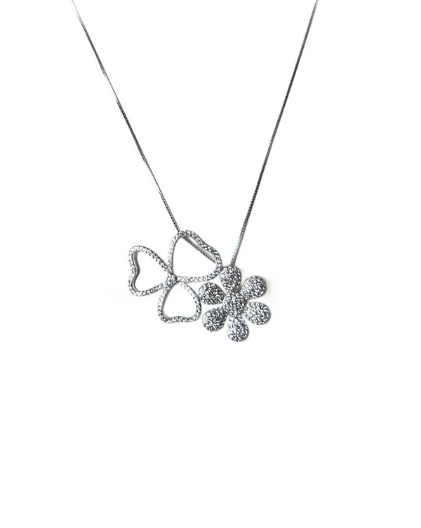 Colar escapulário Trevo e Flor Prata 925 Ródio