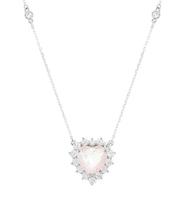Colar Coração fusion quartzo rosa zircônia 20 mm Prata 925 Ródio