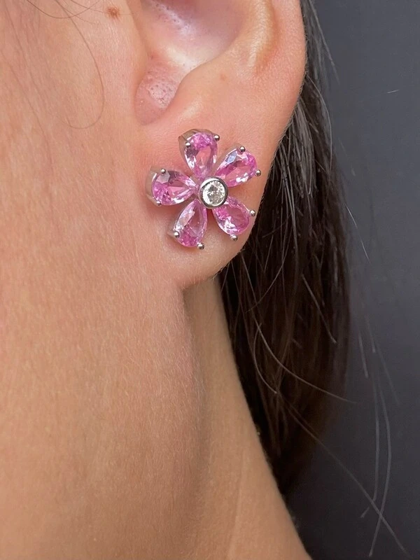 Brinco Flor G zircônia rosa Prata 925 Ródio