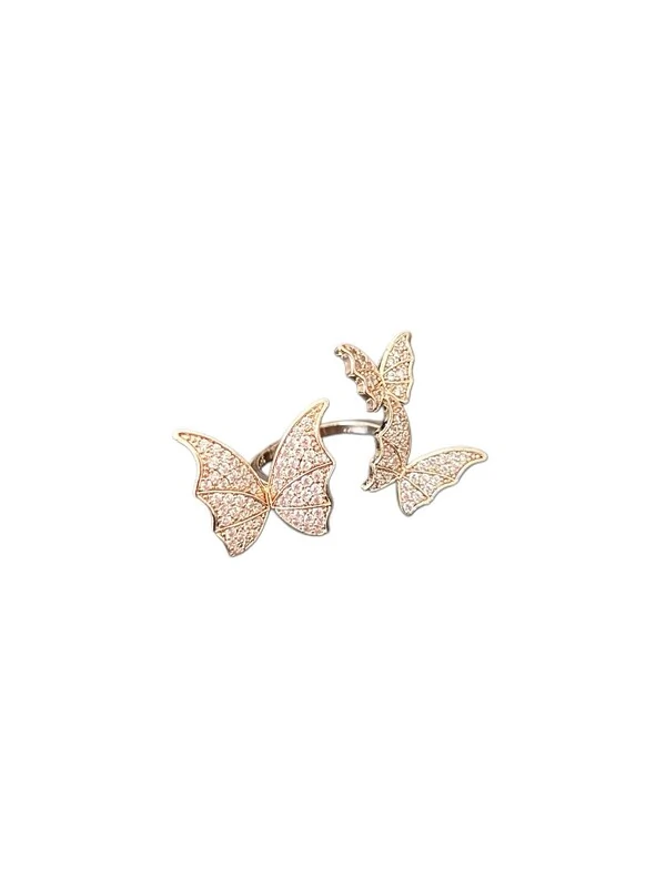 Anel 3 Borboletas Zircônia Prata 925 Ouro Rosê