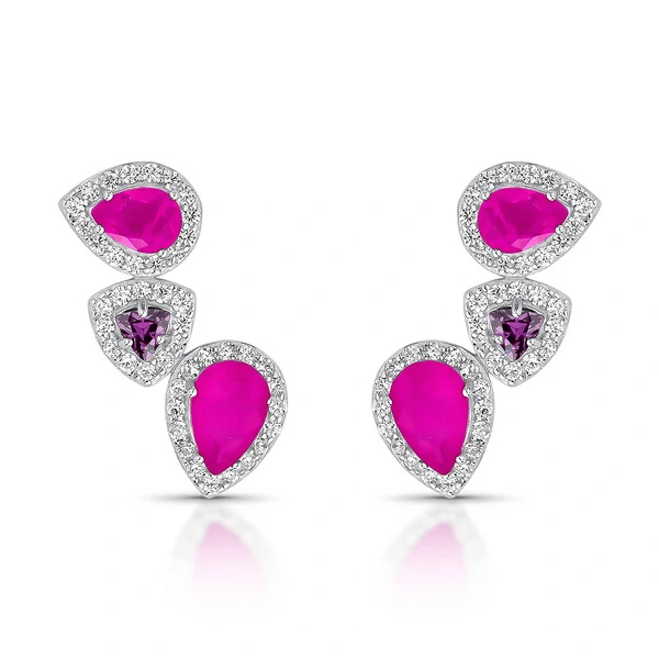 Brinco Ear Cuff três gotas topázio rosa ametista zircônia Prata 925 Ródio