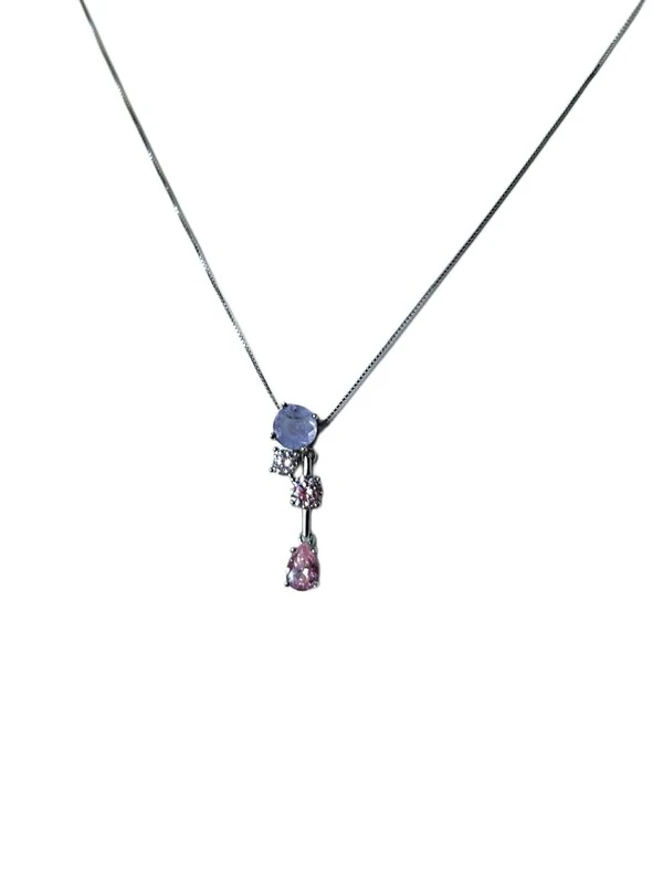 Colar 4 Pedras Lilás Branca Rosa Prata 925 Ródio