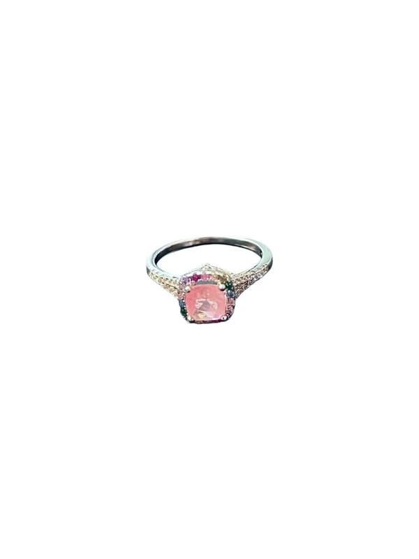 Anel Quadrado Turmalina Rosa em Prata 925 Ródio