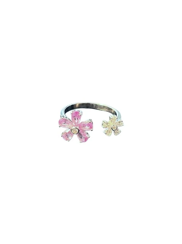 Anel 2 flores aberto zircônia rosa e branca Prata 925 Ródio