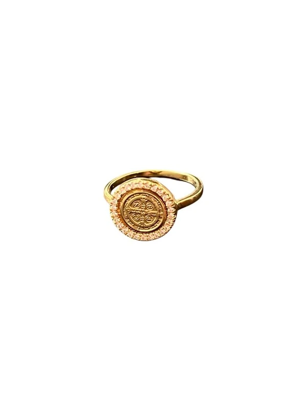 Anel São Bento redondo com zircônia Prata 925 Ouro 18 k