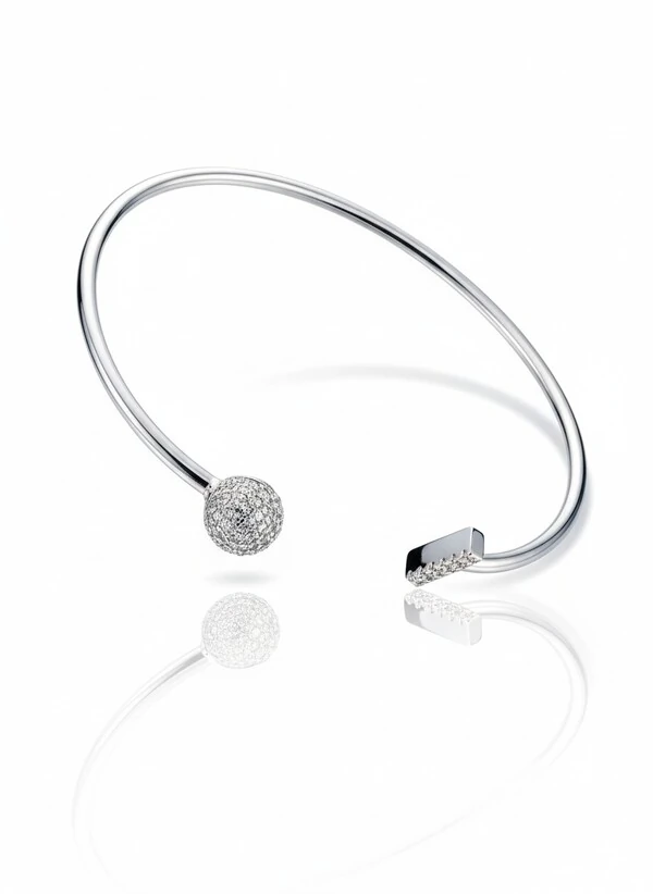 Pulseira Bracelete 1 meia bola 1 palito zircônia Prata 925 Ródio