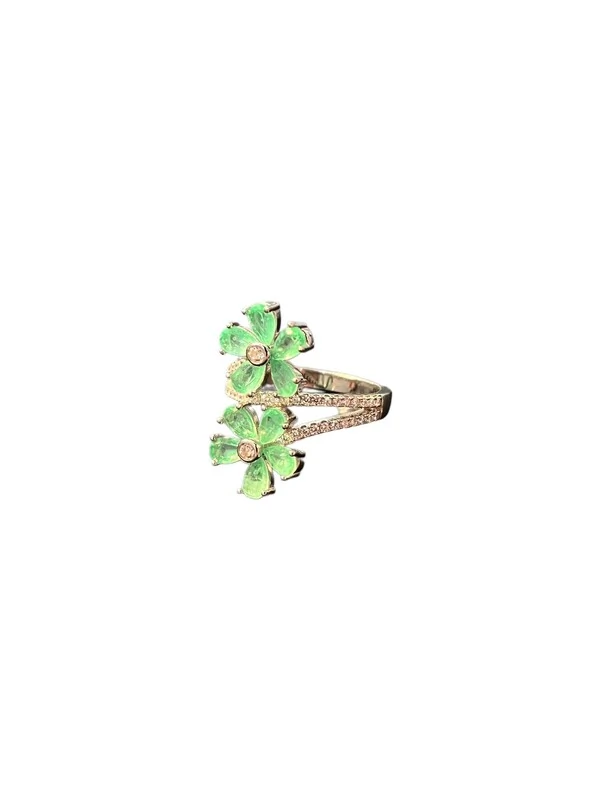 Anel 2 flores zircônia turmalina Prata 925 Ródio