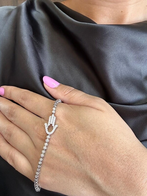 Pulseira Mão de Fátima zircônia gravata Prata 925 Ródio