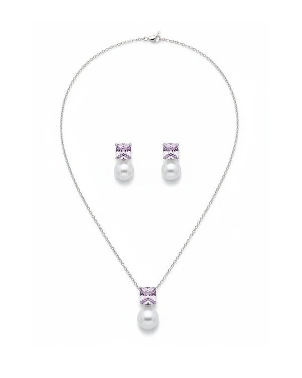 Conjunto colar e brinco pérola e topázio rosa Prata 925 Ródio