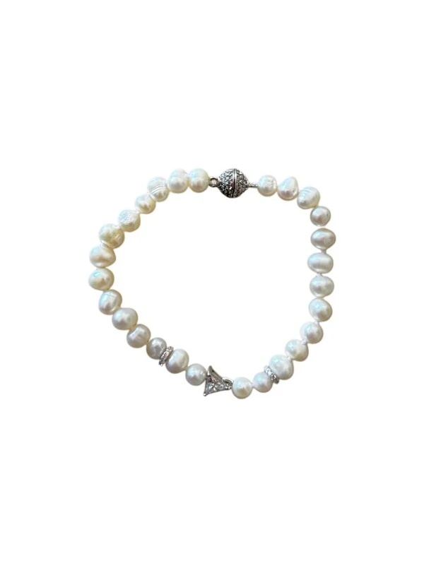 Pulseira pérola com Triangulo Zircônia 17 cm Prata 925 Ródio