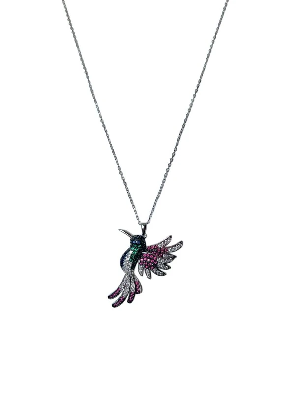 Colar Beija-Flor 40mm Cravejado Prata 925 Ródio