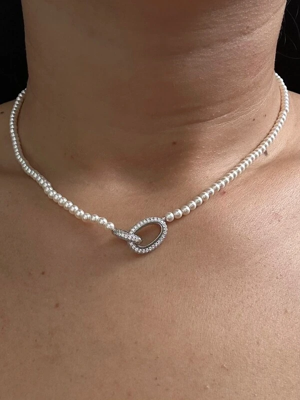 Colar Pérola fecho 2 elos micro cravação Prata 925 Ródio