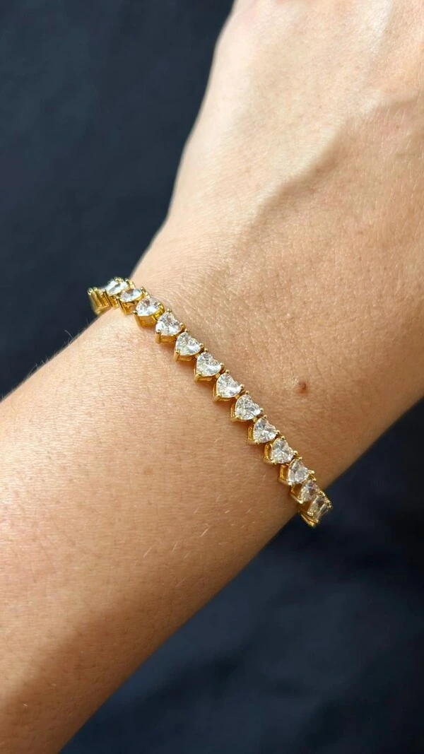 Pulseira Riviera zircônia coração 19 cm Prata 925 Ouro 18 k