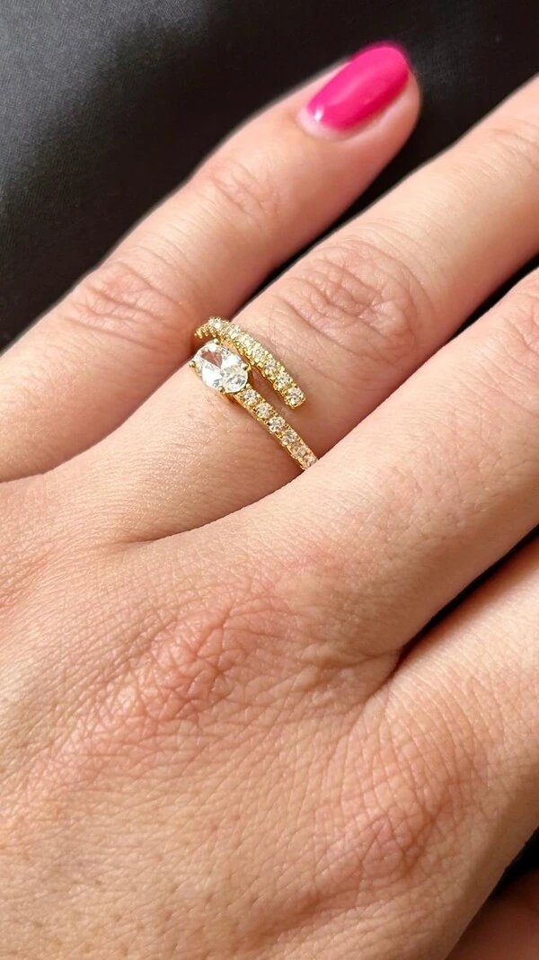 Anel fino ajustável 1 pedra oval zircônia Prata 925 Ouro 18 k