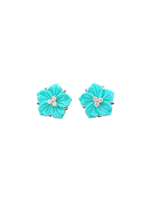 Brinco Flor Turquesa com Miolo Zircônia Prata 925 Ródio