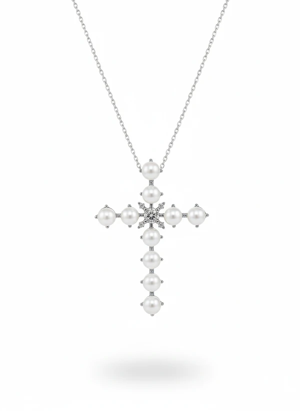 Colar Pérola cruz cravejada Prata 925 Ródio 60 cm Prata 925 Ródio