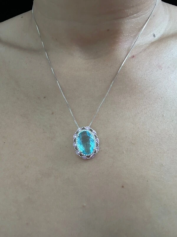Colar Oval Topázio Rosa E Azul Zircônia Prata 925 Ródio