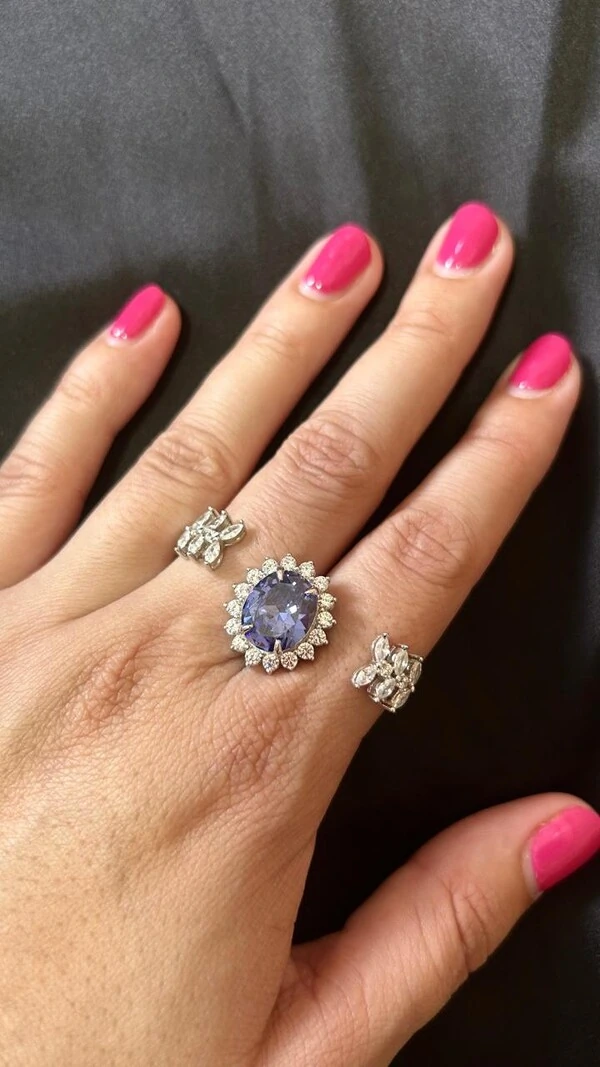 Anel dois dedos ajustável oval tanzanita fusion zircônia Prata 925 Ródio