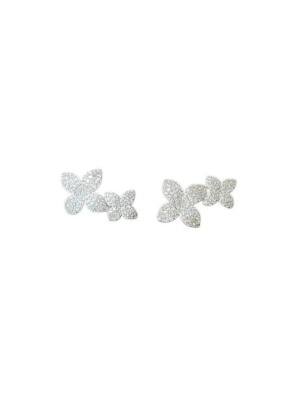 Brinco flor Ear cuff duas flores micro cravação Prata 925 Ródio