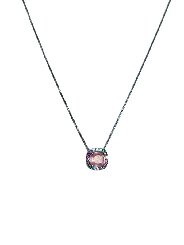 Colar Quadrado Topázio Rosa Colors Prata 925 Ródio