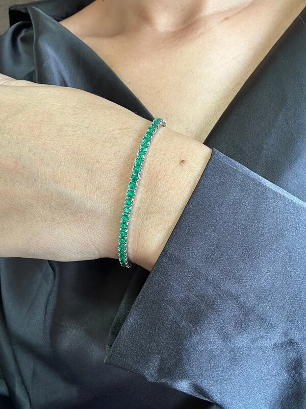 Pulseira Riviera elástica zircônia verde Prata 925 Ródio