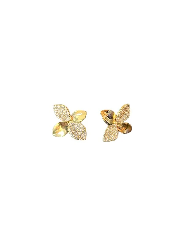 Brinco Flor 4 pétalas micro cravação G Prata 925 Ouro 18 k
